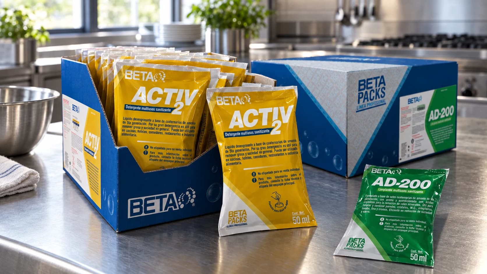 Sobres amarillos ACTIV 2 y verdes AD-200 junto a cajas Beta Packs