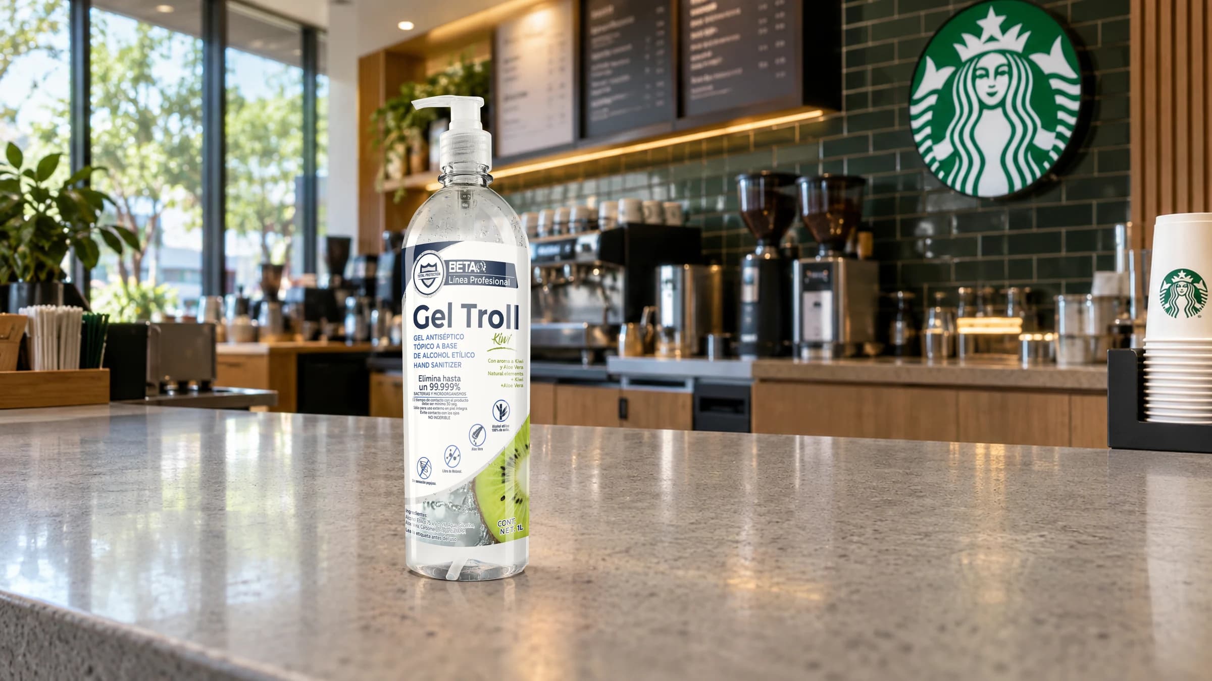Mockup de Gel Troll sobre el mostrador de una cafetería
