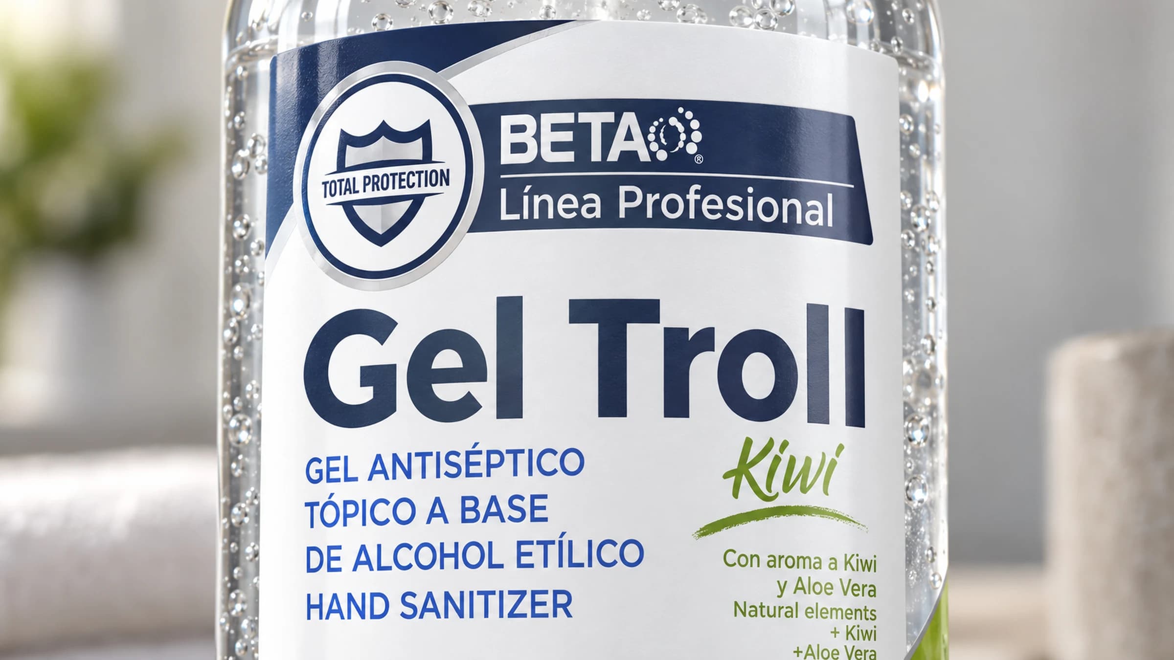 Detalle de la etiqueta azul y blanca de Gel Troll Kiwi de Beta