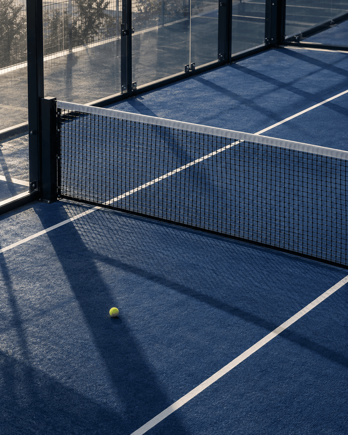 Cancha de pádel azul con sombras sobre la red y una pelota verde en primer plano. Imagen conceptual.
